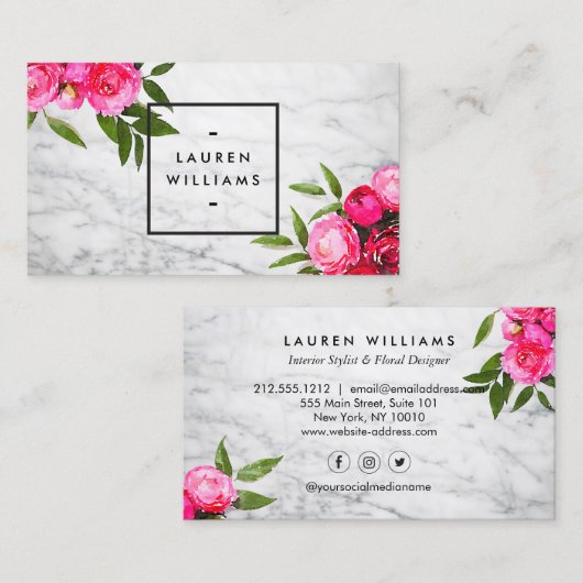 Luxe Bold Wasserfarbe Rose auf Marmor Visitenkarte (Vorne/Hinten)