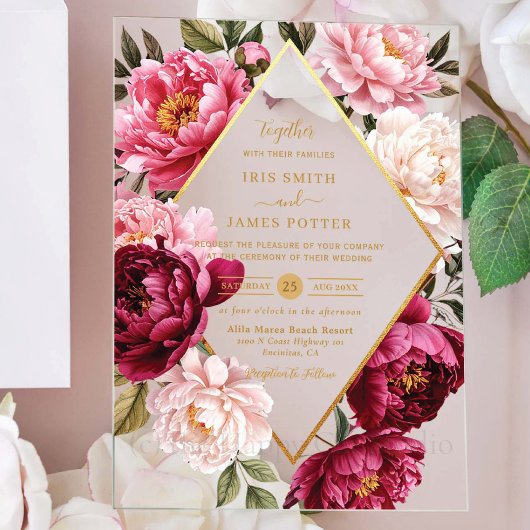 Luxe Burgundy and Blush Pink Peony Floral Wedding Acryleinladungen