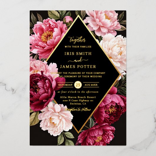 Luxe Burgundy and Blush Pink Peony Floral Wedding Folieneinladung (Vorderseite)
