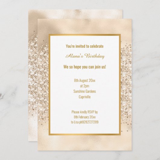 LUXE CHAMPAGNE GLITZER BIRTHDAY EINLADUNG (Vorne/Hinten)