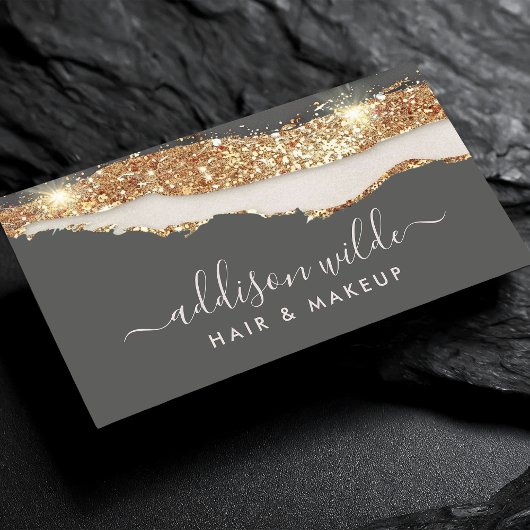 Luxe Charcoal Gray and Gold Glitzer Trendskript Visitenkarte