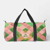 Luxe Chic Preppy Pink Green Argyle Monogram Crest Duffle Bag (Vorderseite)