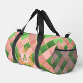 Luxe Chic Preppy Rosa Grün Argyle Monogramm Wappen Duffle Bag (Rechte Ecke)