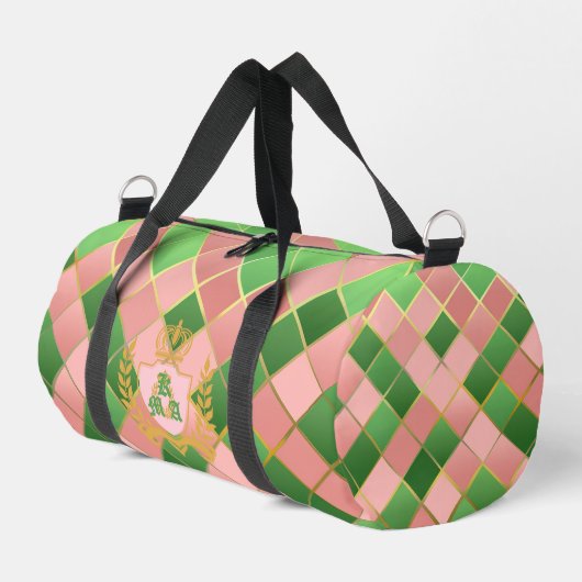 Luxe Chic Preppy Rosa Grün Argyle Monogramm Wappen Duffle Bag (Linke Seite)
