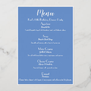 Luxe Cornflower Blue Gold Cocktail Party Menü