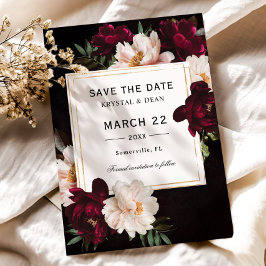 Luxe Dark Moody Burgundy Blush Floral Wedding Save The Date