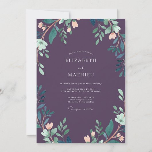Luxe Deep Plum Leafy Hochzeit Einladung (Vorderseite)