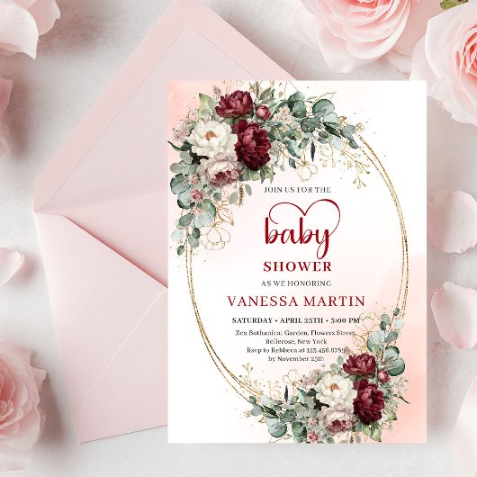 Luxe Deep Red Floral Heart-Shaped Font Baby Shower Einladung
