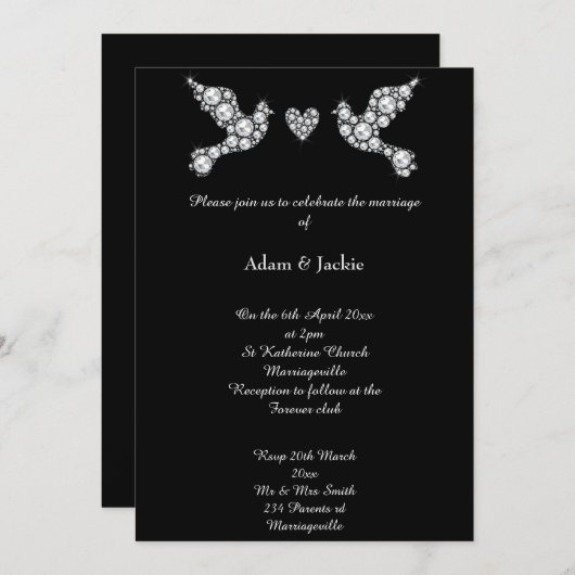 Luxe Diamond Liebe Dove Black Wedding Einladung (Vorne/Hinten)