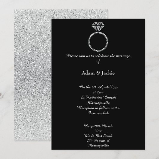 Luxe Diamond Ring Black Glitzer Wedding Einladung (Vorne/Hinten)