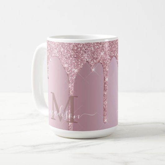 Luxe Dripping Rose Gold Glitzer Monogram Kaffeetasse (Vorderseite Links)
