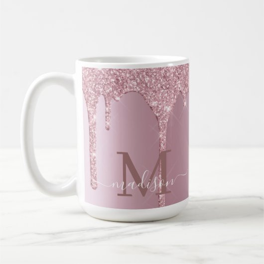 Luxe Dripping Rose Gold Glitzer Monogram Kaffeetasse (Links)
