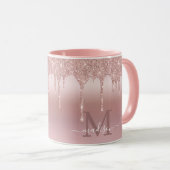 Luxe Dripping Rose Gold Glitzer Monogram Tasse (VorderseiteRechts)