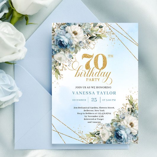 Luxe dusty blue florals gold frame 70th birthday  einladung