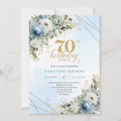 Luxe dusty blue florals gold frame 70th birthday  einladung (Vorderseite)
