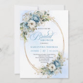 Luxe Dusty Blue Flowers Gold Frame Bridal Shower Einladung (Vorderseite)