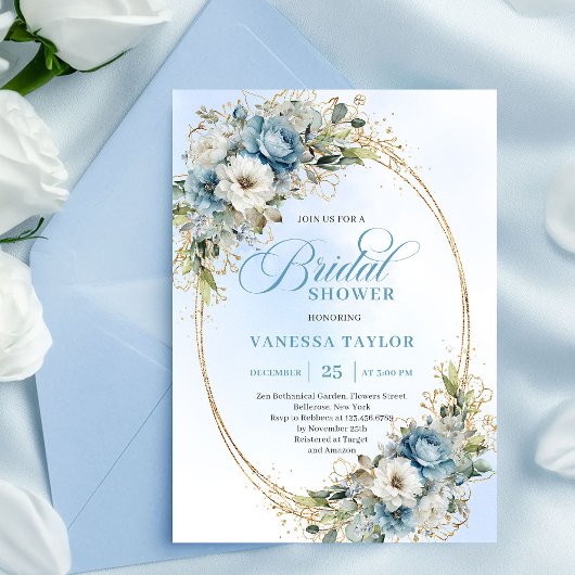 Luxe Dusty Blue Flowers Gold Frame Bridal Shower  Einladung