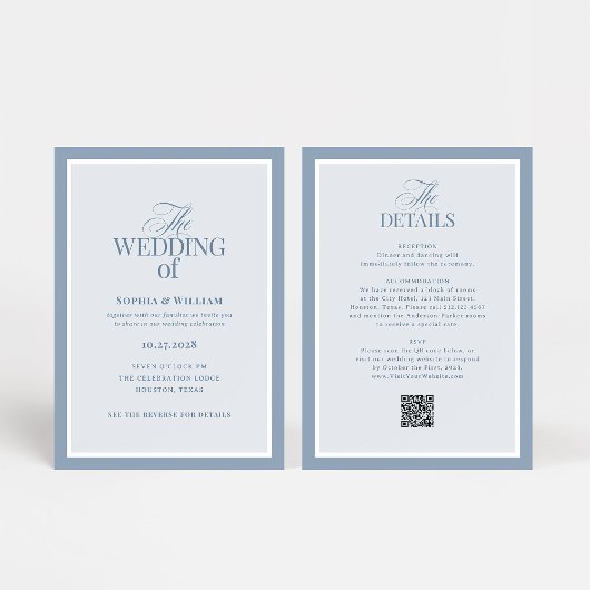 Luxe Dusty Blue mit RSVP-QR-Code | Hochzeit Einladung
