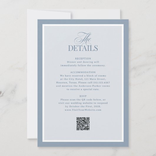 Luxe Dusty Blue with RSVP QR Code | Wedding Einladung (Rückseite)