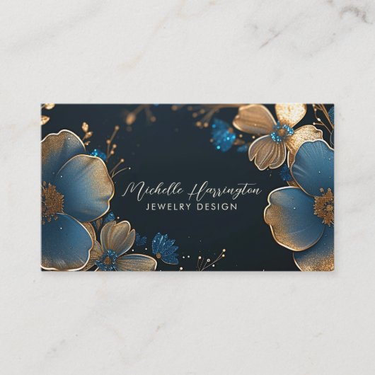 Luxe Elegance Gold and Blue Floral Jewelry Design Visitenkarte (Vorderseite)
