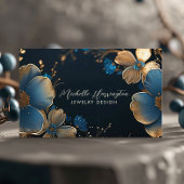 Luxe Elegance Gold and Blue Floral Jewelry Design Visitenkarte