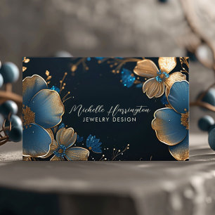 Luxe Elegance Gold und Blue Floral Juwelier Design Visitenkarte