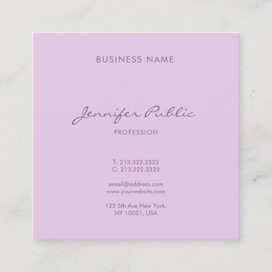 Luxe Elegant Handwriting Script Moderne Lila Elega Quadratische Visitenkarte (Rückseite)