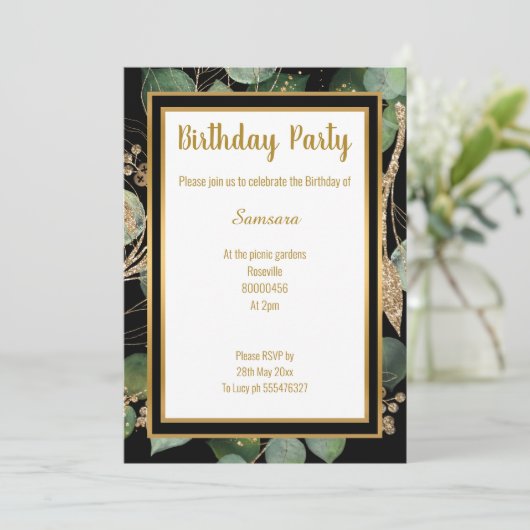 LUXE EUCALYPTUS BLACK GREEN SAGE 2 INVITATION EINLADUNG (Stehend Vorderseite)