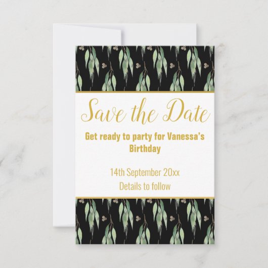 LUXE EUCALYPTUS PATTERN BLACK SAVE THE DATE UAWG RSVP KARTE (Vorderseite)