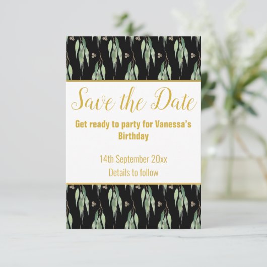 LUXE EUCALYPTUS PATTERN BLACK SAVE THE DATE UAWG RSVP KARTE (Stehend Vorderseite)