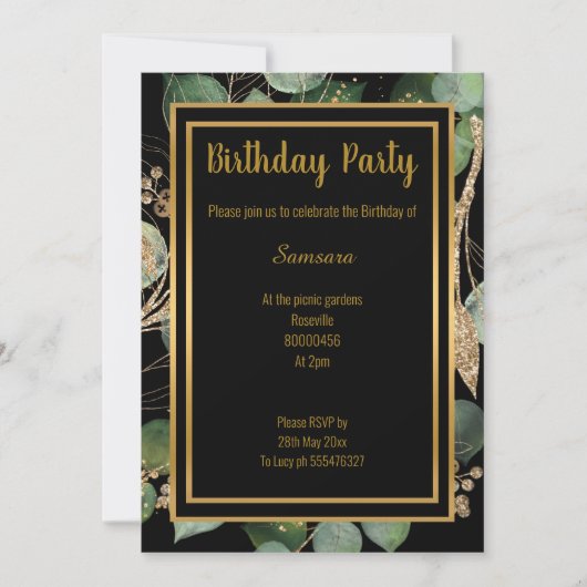 LUXE EUCALYPTUS SCHWARZ GRÜNE EINLADUNG (Vorderseite)