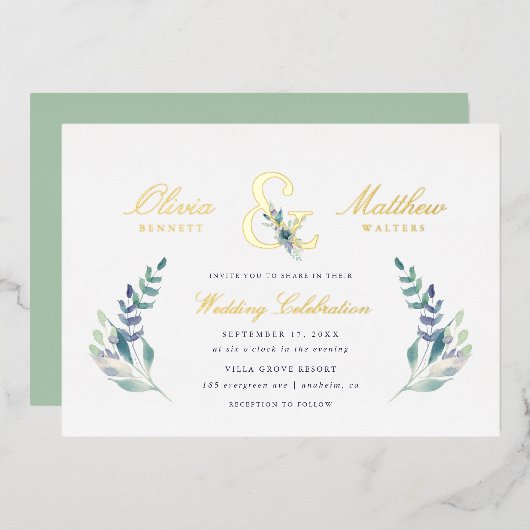 Luxe Floral Wedding Folieneinladung (Vorderseite/Rückseite)