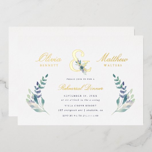 Luxe Floral Wedding Probe Dinner Foil Folieneinladung (Vorderseite/Rückseite)