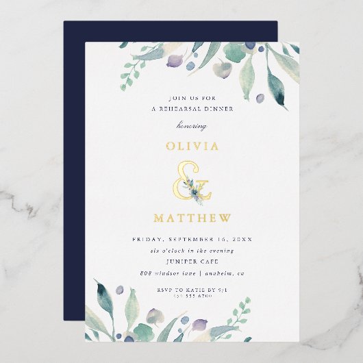 Luxe Floral Wedding Probe Dinner Folieneinladung (Vorderseite/Rückseite)