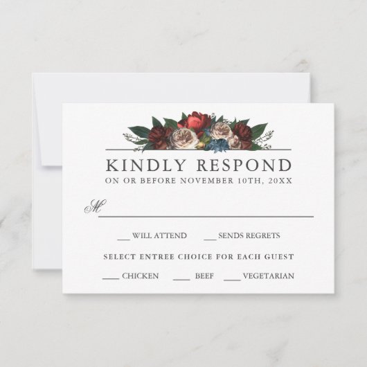 Luxe Floral Wedding RSVP mit Entree Choice Karte (Vorderseite)