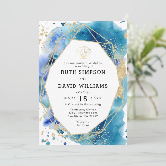 Luxe Frame Ocean Blue und Gold Hochzeit Einladung (Stehend Vorderseite)