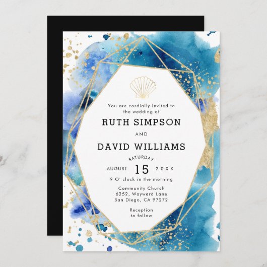 Luxe Frame Ocean Blue und Gold Hochzeit Einladung (Vorne/Hinten)