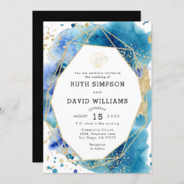 Luxe Frame Ocean Blue und Gold Hochzeit Einladung
