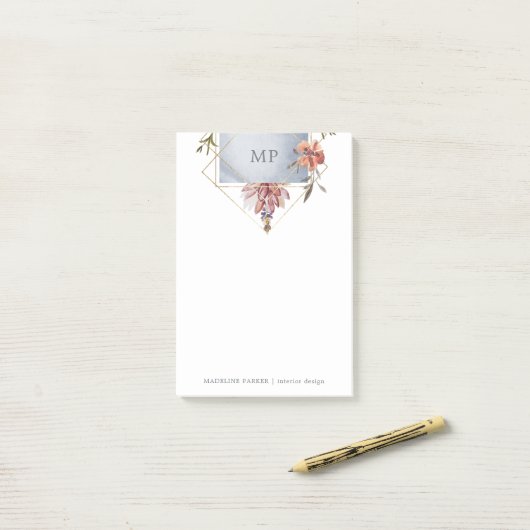 Luxe Geometric Floral mit Monogramm Post-it Klebezettel (Auf Schreibtisch)