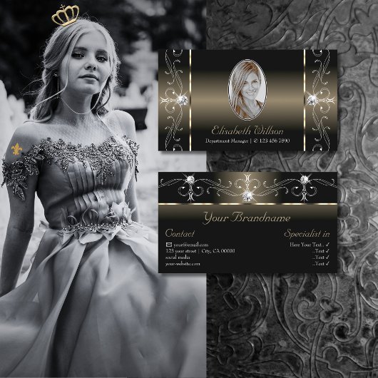 Luxe Glam Black Beige gezückte Juwelen mit Foto Visitenkarte