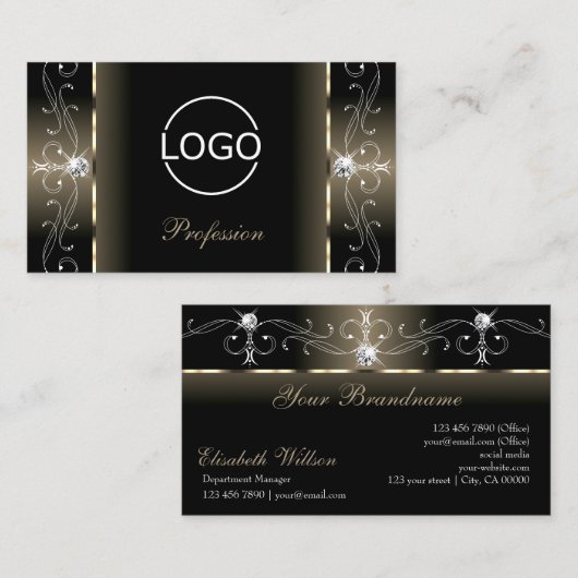 Luxe Glam Black Beige gezückte Juwelen mit Logo Visitenkarte (Vorne/Hinten)