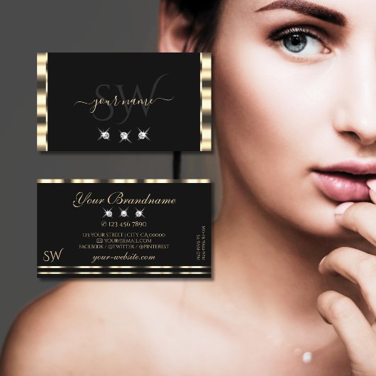 Luxe Glam Gold Black Sparkling Diamonds Monogram Visitenkarte