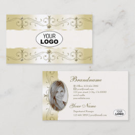 Luxe Glam Gold Creme Verziert Borders Logo und Fot Visitenkarte