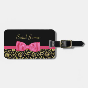 Luxe Gold Black Floral Damask Pink Bow und Name Gepäckanhänger
