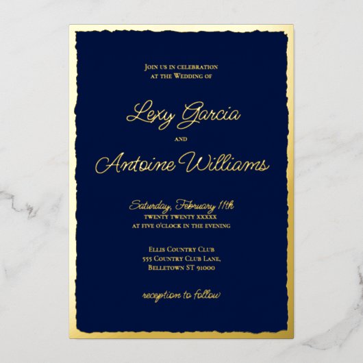Luxe Gold Bold Navy Blue Wedding Einladung (Vorderseite)