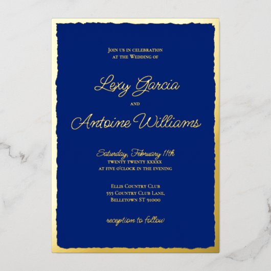 Luxe Gold Bold Royal Blue Wedding Einladung (Vorderseite)