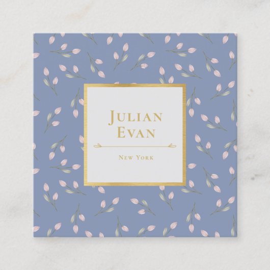 Luxe Gold Dusty Blue Blume Pattern Business Card Quadratische Visitenkarte (Vorderseite)