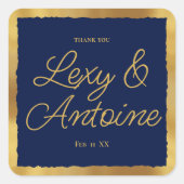 Luxe Gold Edge Navy Blue Wedding Vielen Dank Quadratischer Aufkleber (Vorderseite)