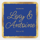 Luxe Gold Edge Royal Blue Wedding Vielen Dank Quadratischer Aufkleber (Vorderseite)