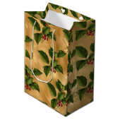 Luxe Gold Foil, Green Holly, Red Berries Mittlere Geschenktüte (Vorderseite Schrägansicht)